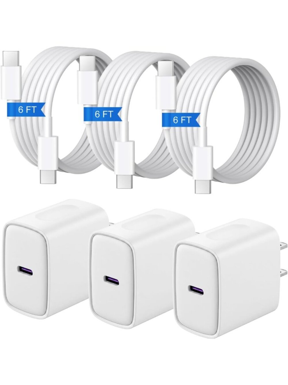 Fast Charging USB C Charger 3-Pack with 6FT Cable for iPhone 15 16 17 18